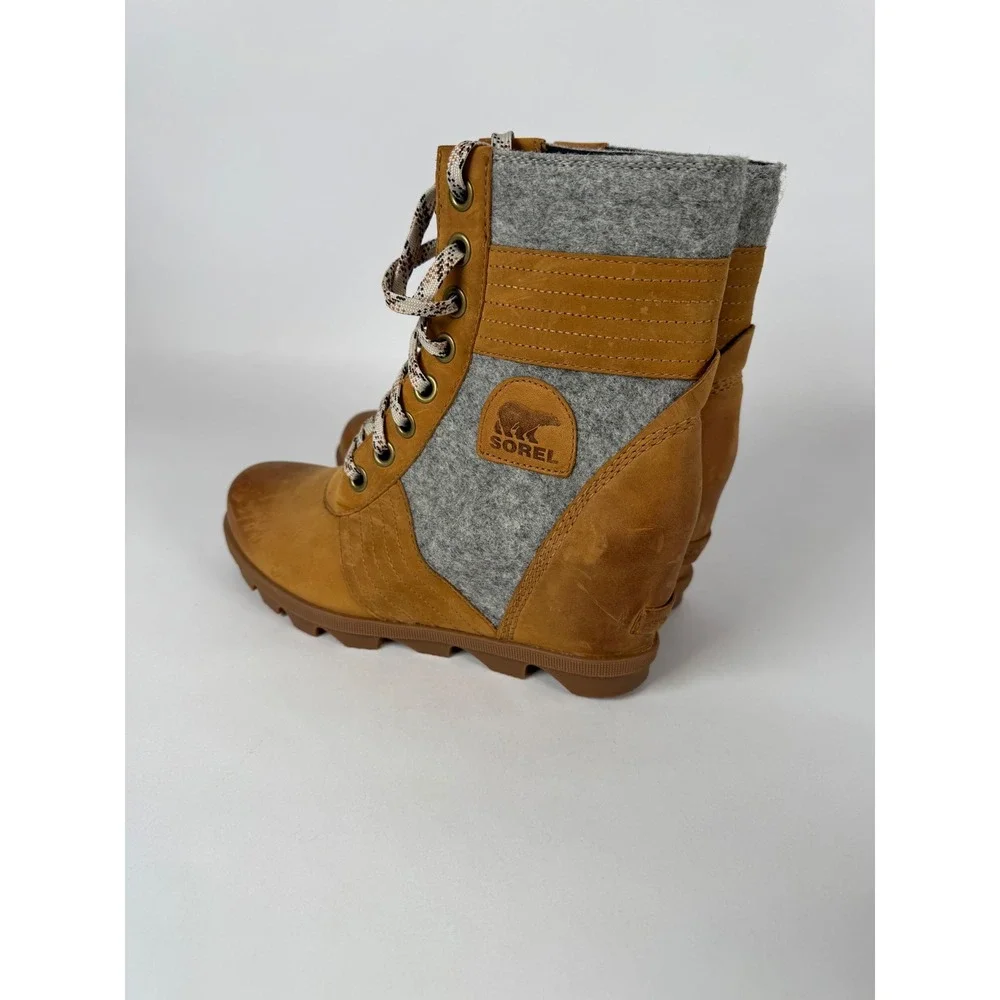 Sorel Lexie Wedge Boots Tan‎ Grey Leather Felt Lace Up NL3376-224 Womens 9